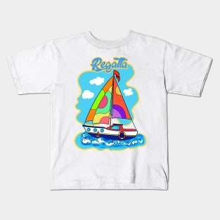 Summer boat kids are a great adventure for sailing with children. Travel in a boat with sails, Beautiful Sea, Sky, blue boat with sail illustration. Kids T-Shirt